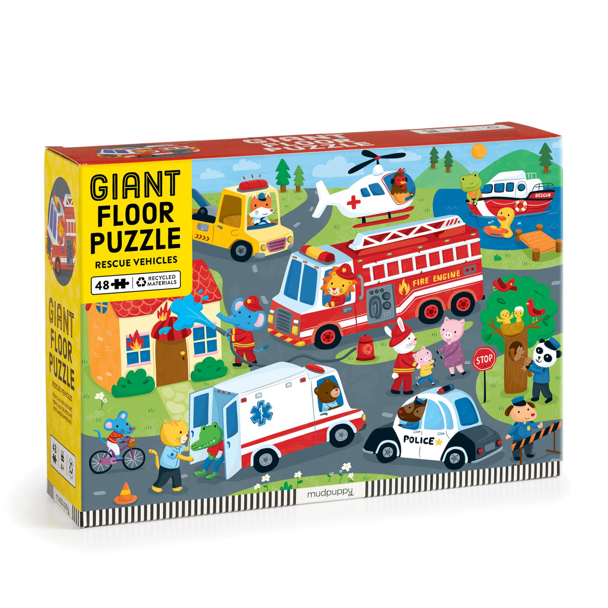 Mudpuppy Rescue Vehicles puzzle cover showing a colorful city scene for early puzzle skills.