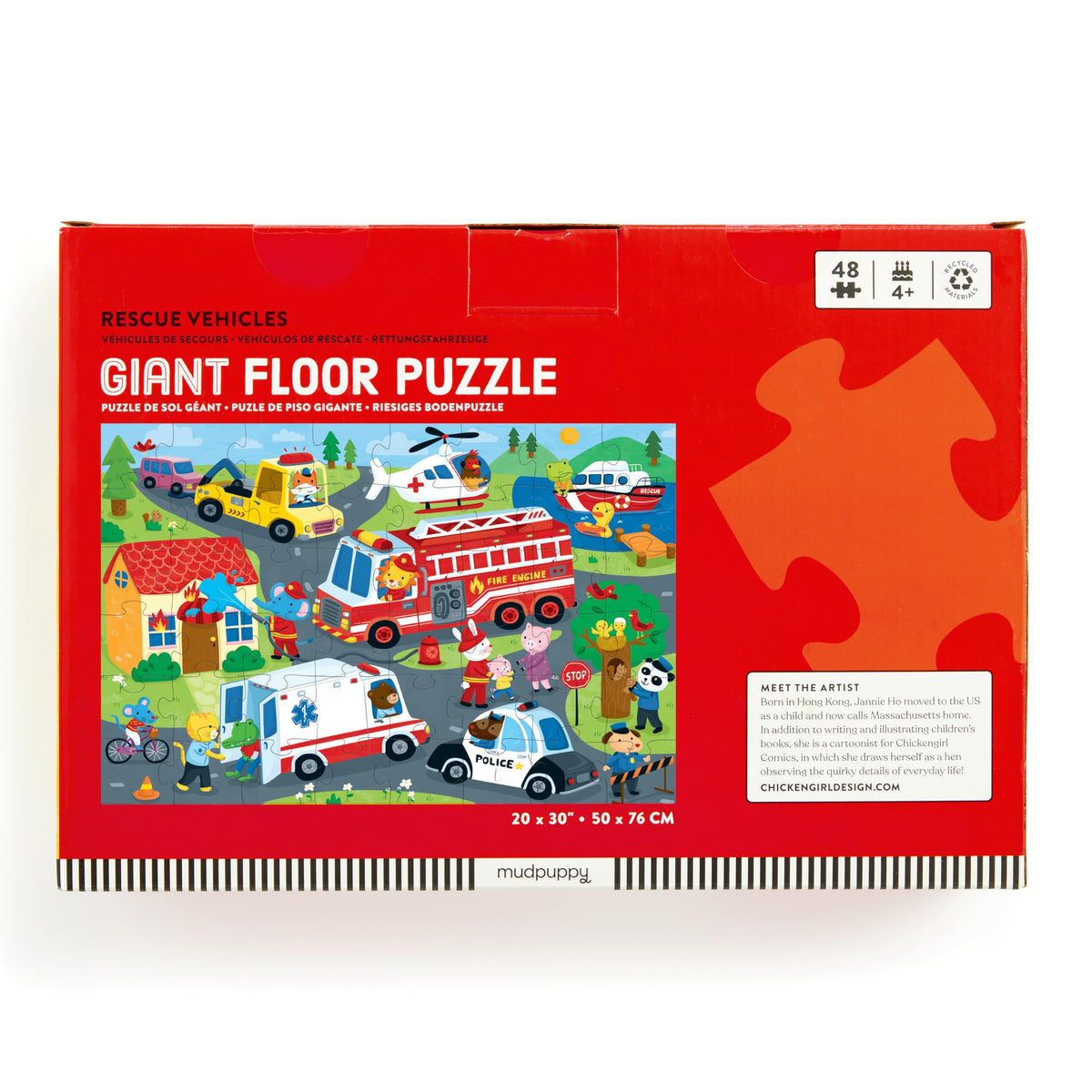 Mudpuppy Rescue Vehicles firetrucks image encourages imaginative play and fine motor practice.
