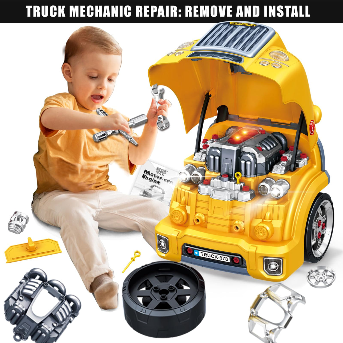 Mugeymyd engine toy parts and tools support pretend mechanic play.