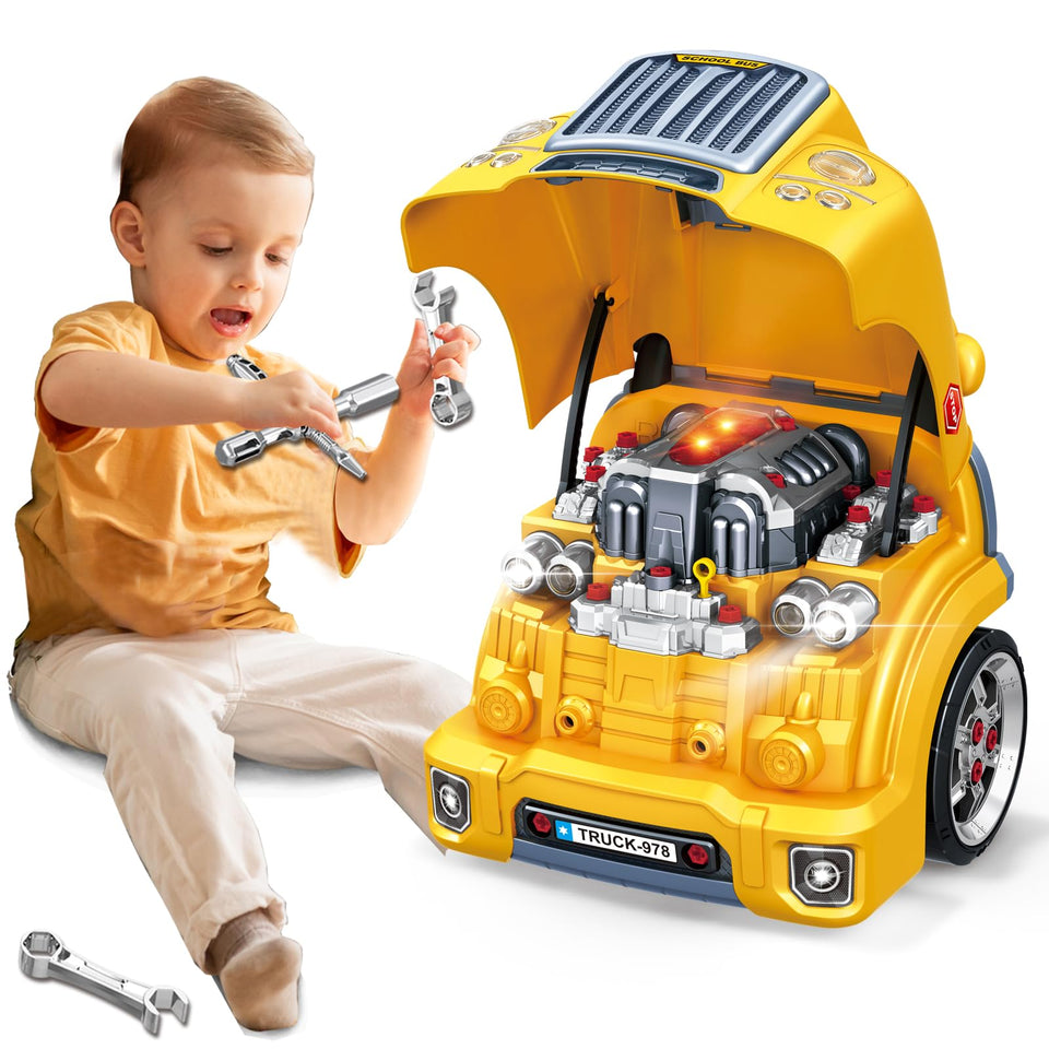 Mugeymyd truck engine toy with removable engine for hands-on learning.