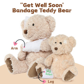 Detachable bandage section on the Muiteiur bear for personalized messages and renewal symbolism.