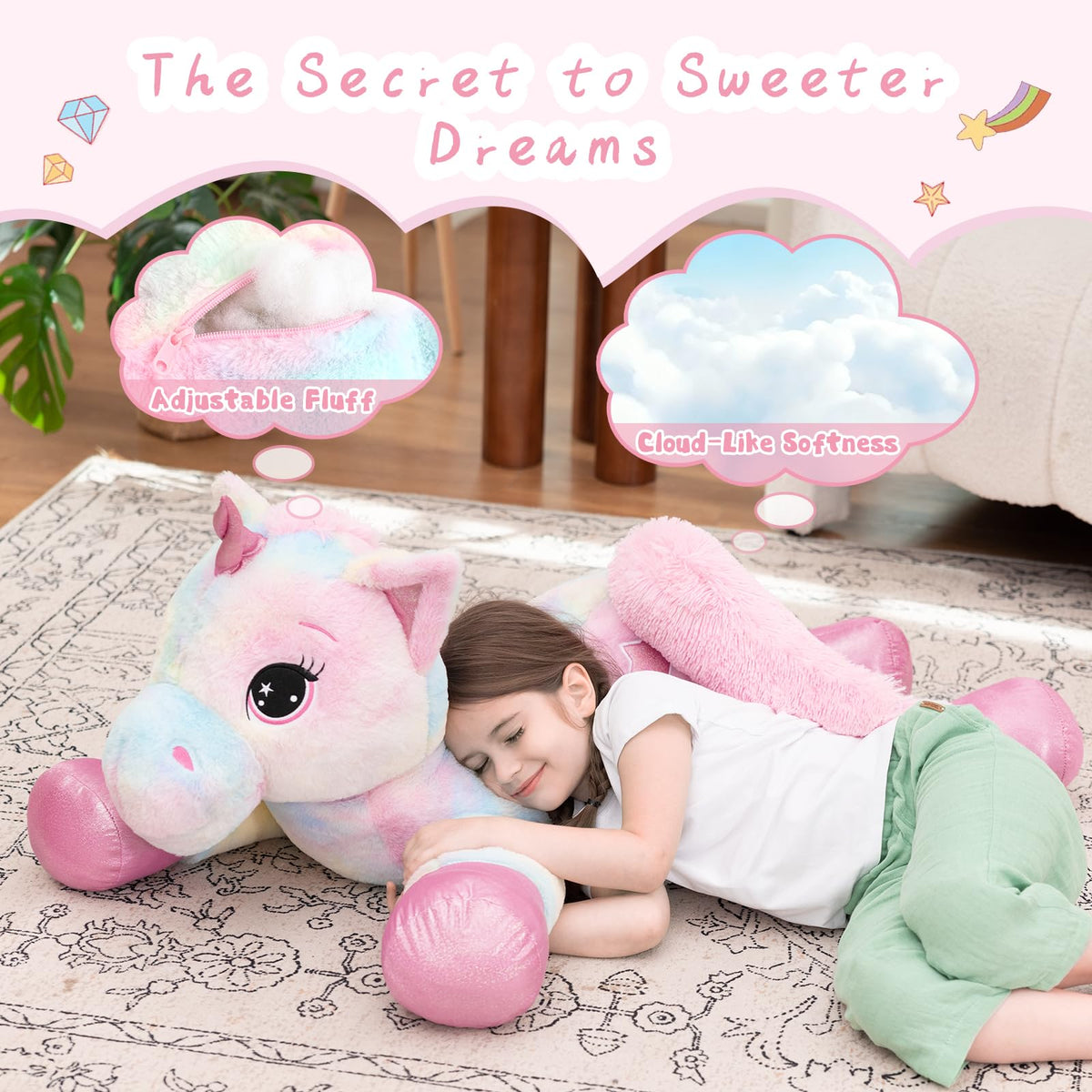 Muiteiur giant unicorn plush pink fur for cozy snuggles.