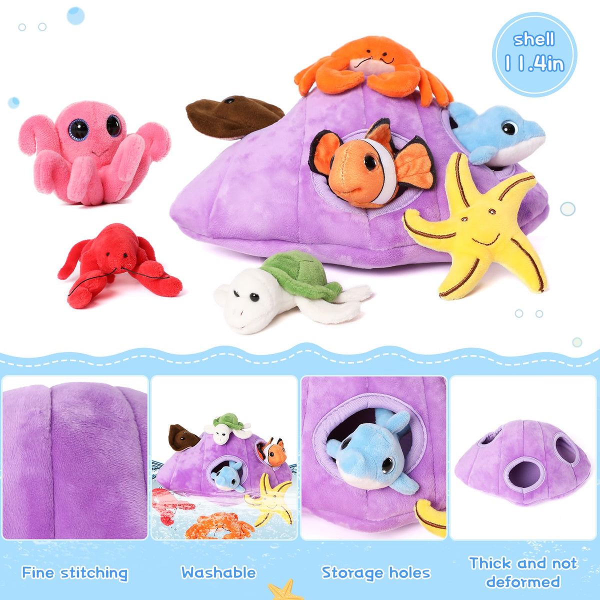 Muiteiur crab plush encouraging fine motor skills during pretend sea adventures.