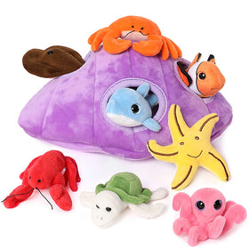 Muiteiur Ocean seashell open with eight plush sea creatures for imaginative play.