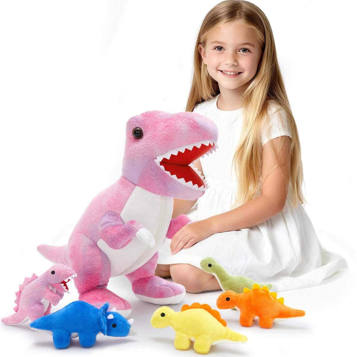 Muiteiur pink dinosaur mommy T-Rex plush, full view for cuddling and comfort