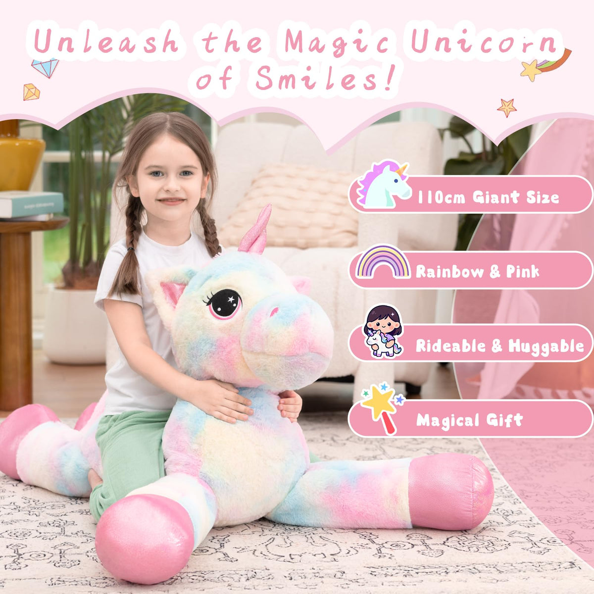 Muiteiur unicorn plush pink horn glitter eyes for magical playtime.