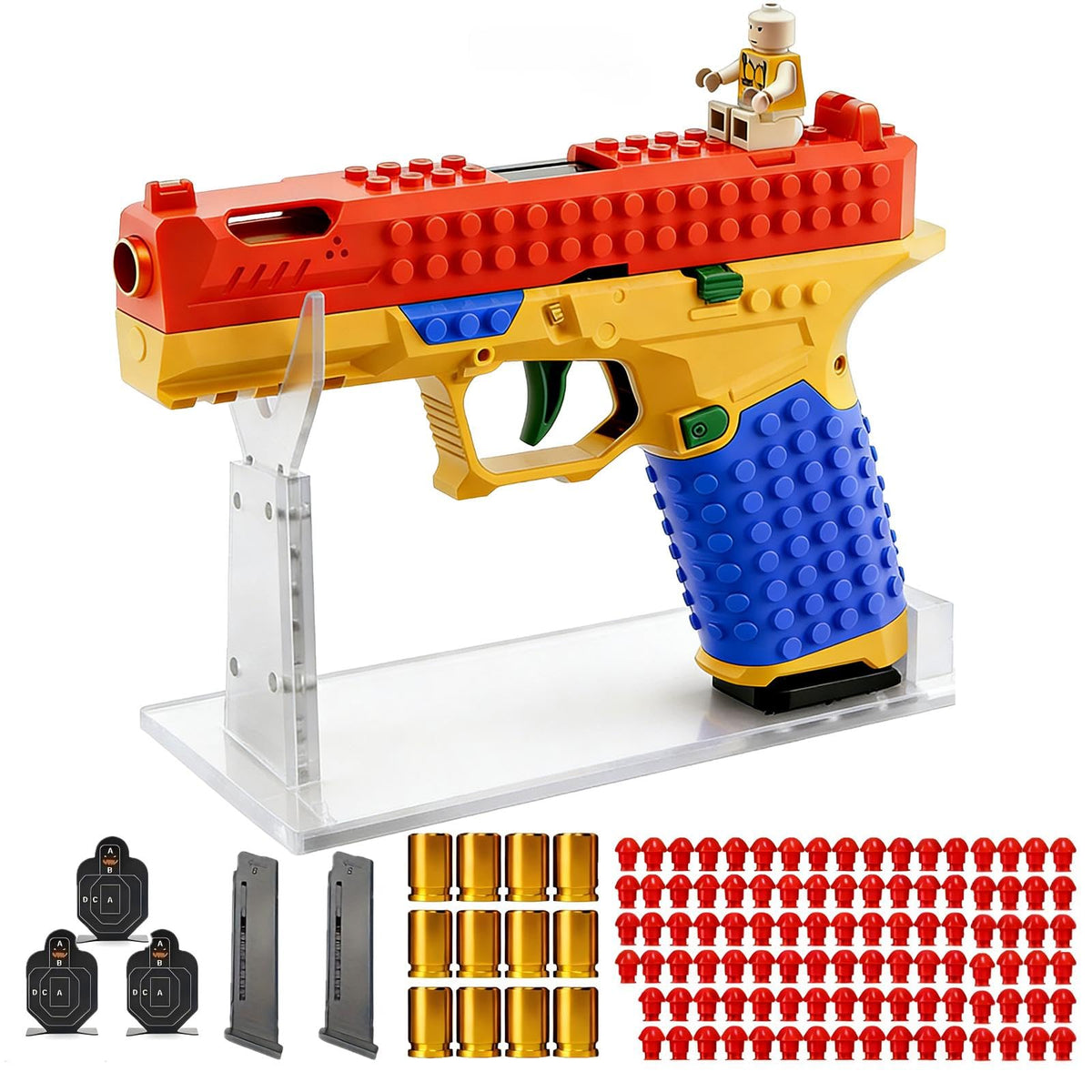MUJERWQ DIY Building Block Foam Blaster front view showing modular construction.