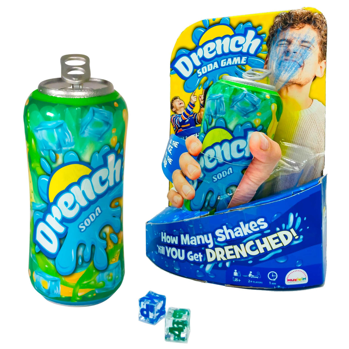 MUKIKIM Drench Soda Game can and dice set up for family competition