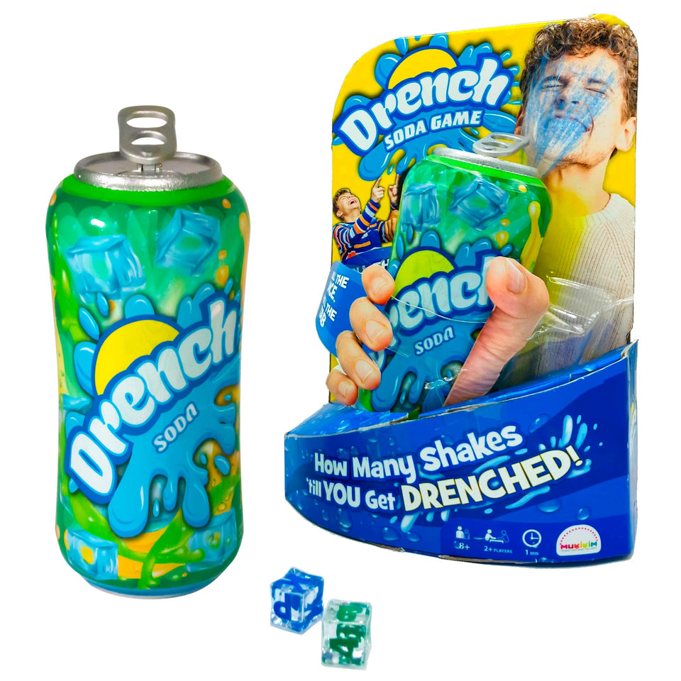 MUKIKIM Drench Soda Game can and dice set up for family competition