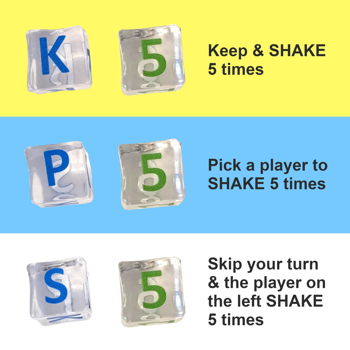 Ice-shaped dice from MUKIKIM Drench Soda Game ready to guide turns
