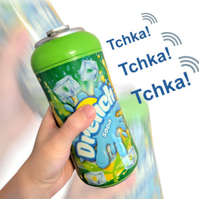 Players in action shaking the can in MUKIKIM Drench Soda Game