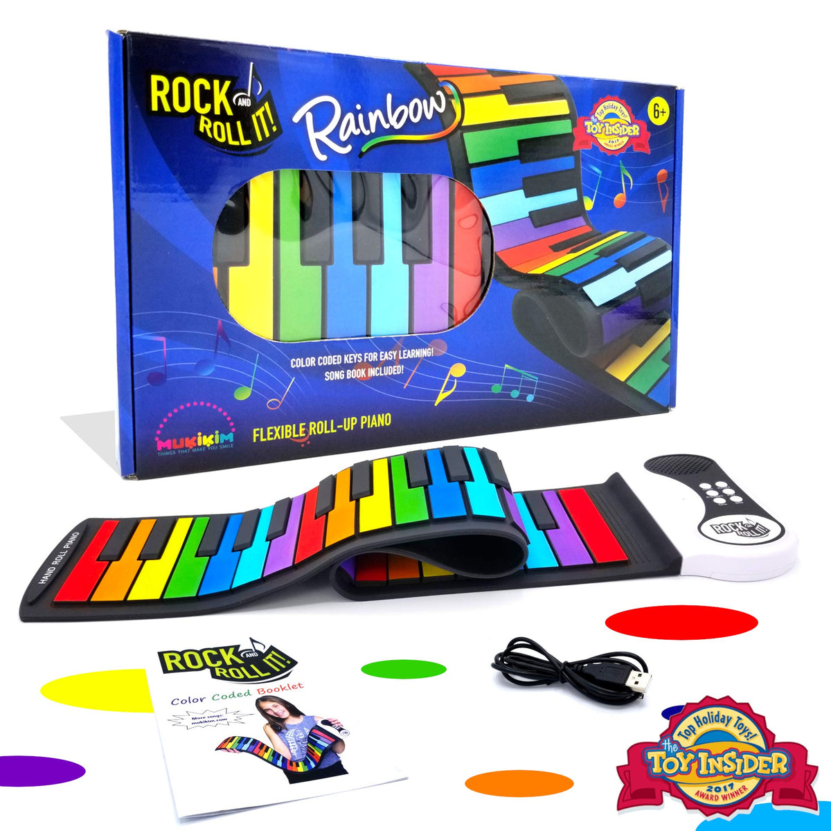 MUKIKIM Rock and Roll It open keyboard with 49 colorful silicone keys for learning.