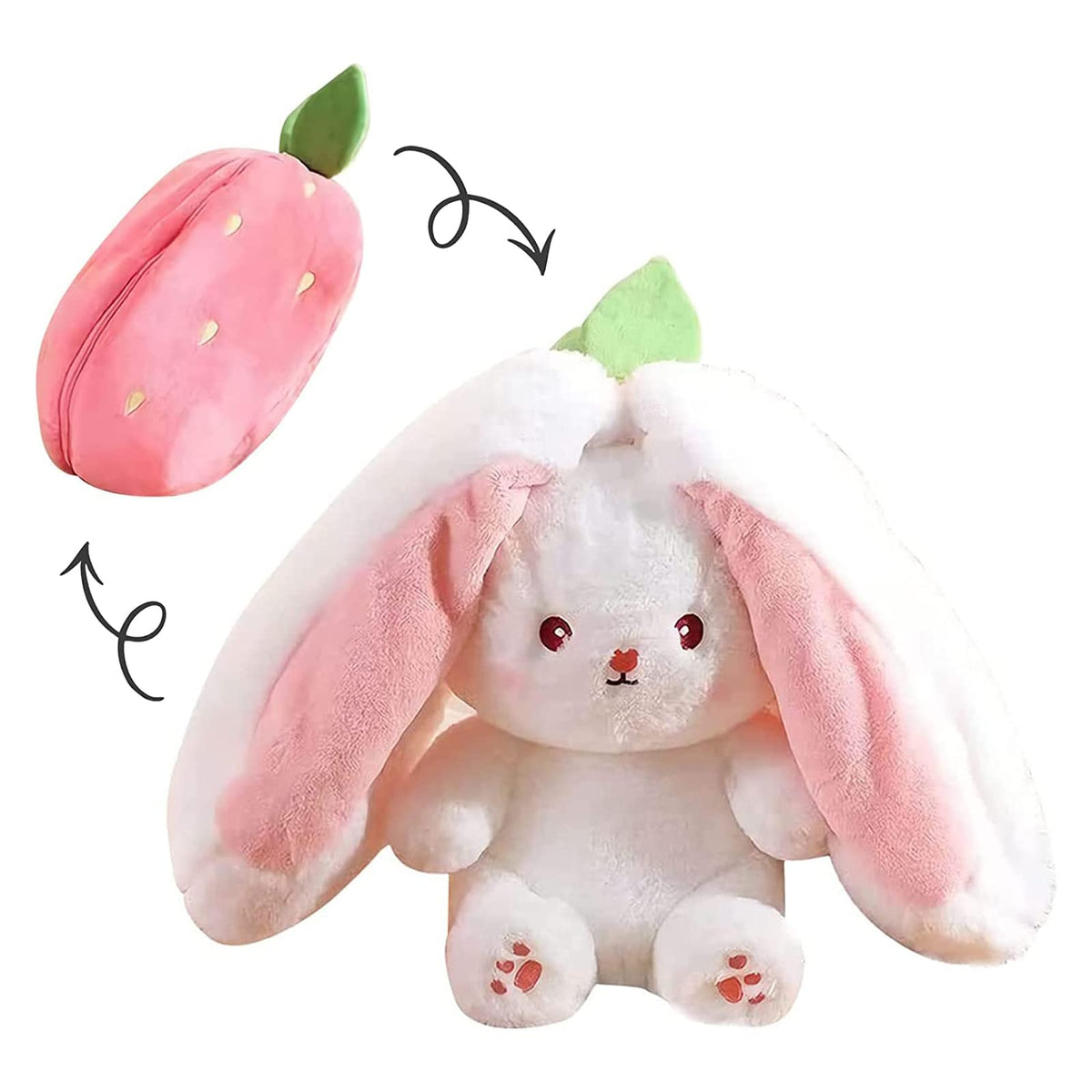 Mukorolee strawberry bunny plush face with reversible design for cozy cuddles.