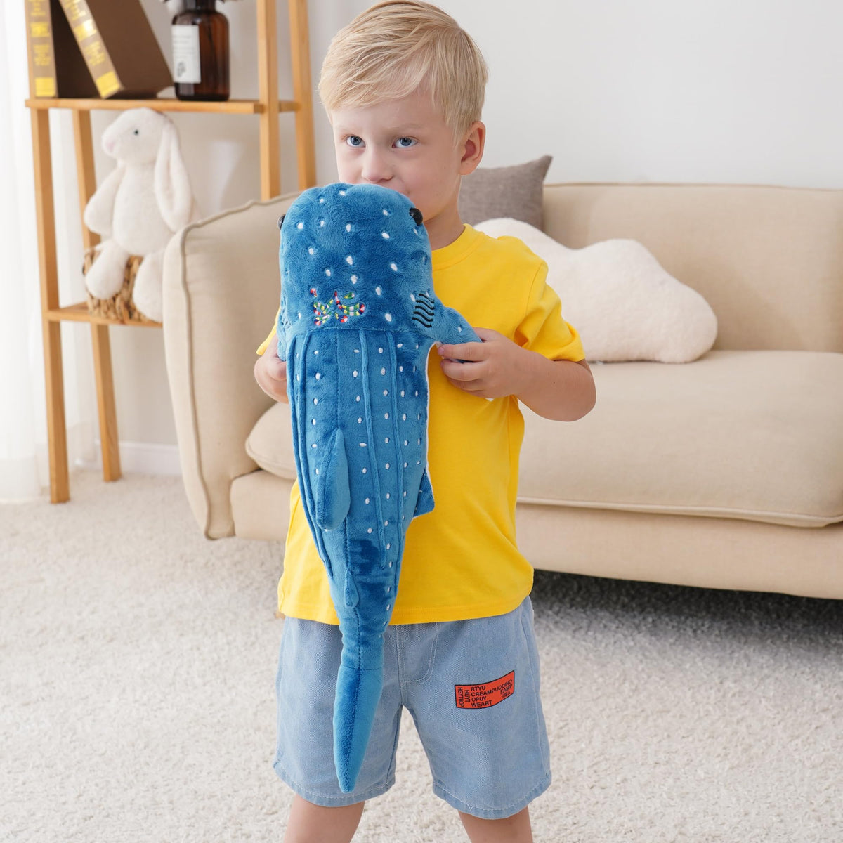 Mukouxun whale shark plush close-up face, friendly sea buddy for kids.