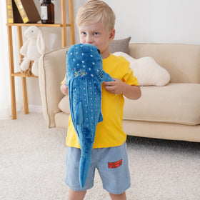 Mukouxun whale shark plush close-up face, friendly sea buddy for kids.