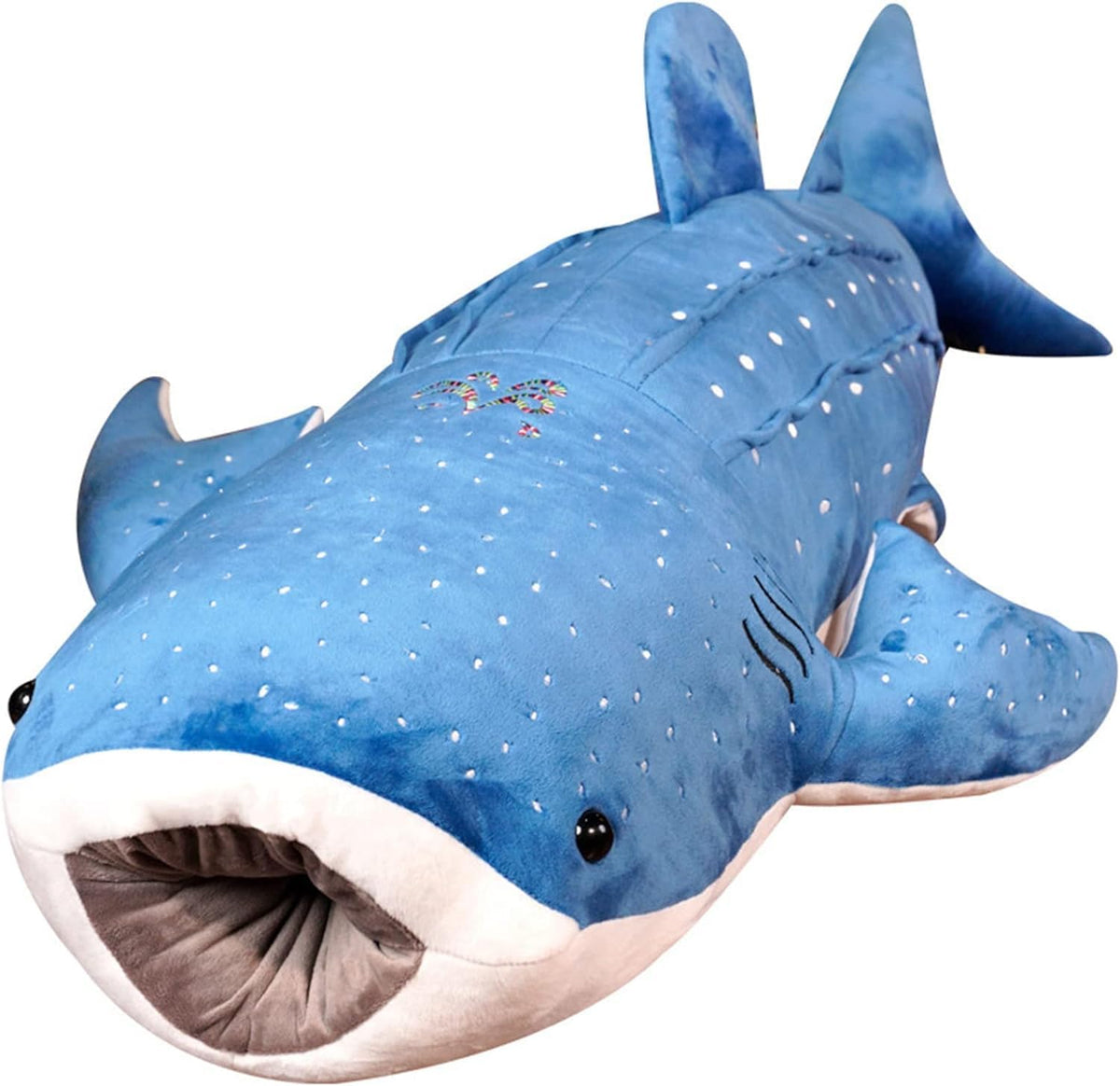 Mukouxun 18.5-inch whale shark plush full-body view, ideal cuddle and decor.