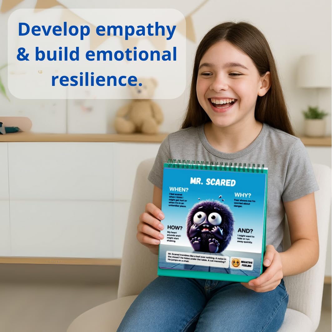 Child holding the flipbook for a quick emotion check-in.