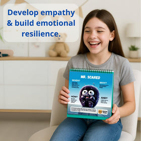 Child holding the flipbook for a quick emotion check-in.