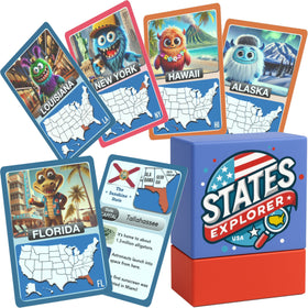 Multi-Memo States Explorer mascot card with state shape promotes memory and fun learning.