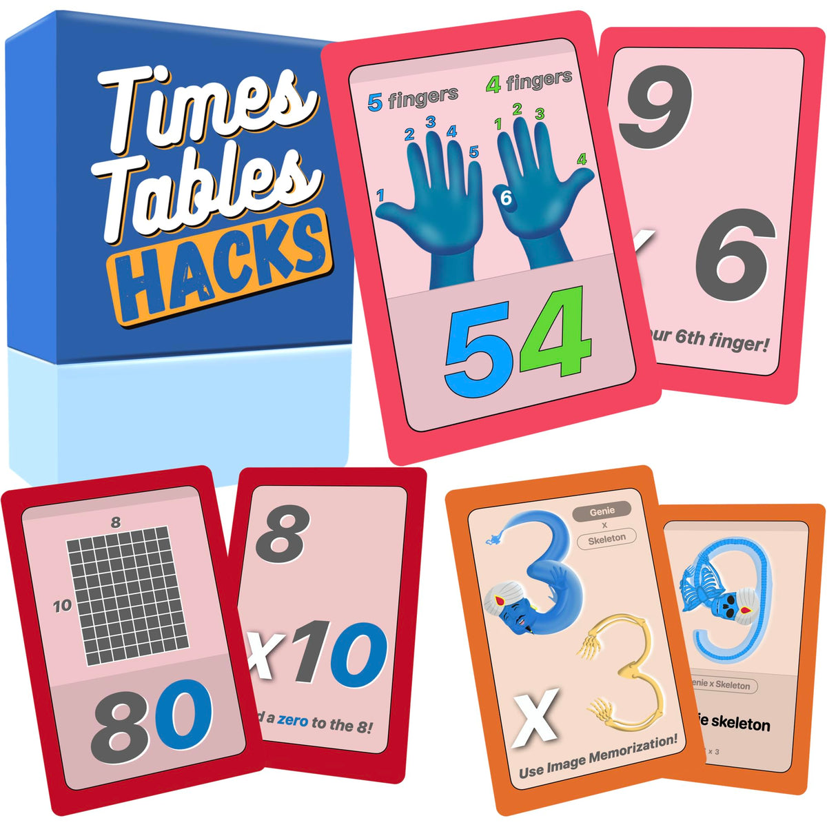 Multi-Memo Times Tables Hacks flashcards with colorful illustrations for quick recall.