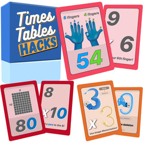 Multi-Memo Times Tables Hacks flashcards with colorful illustrations for quick recall.