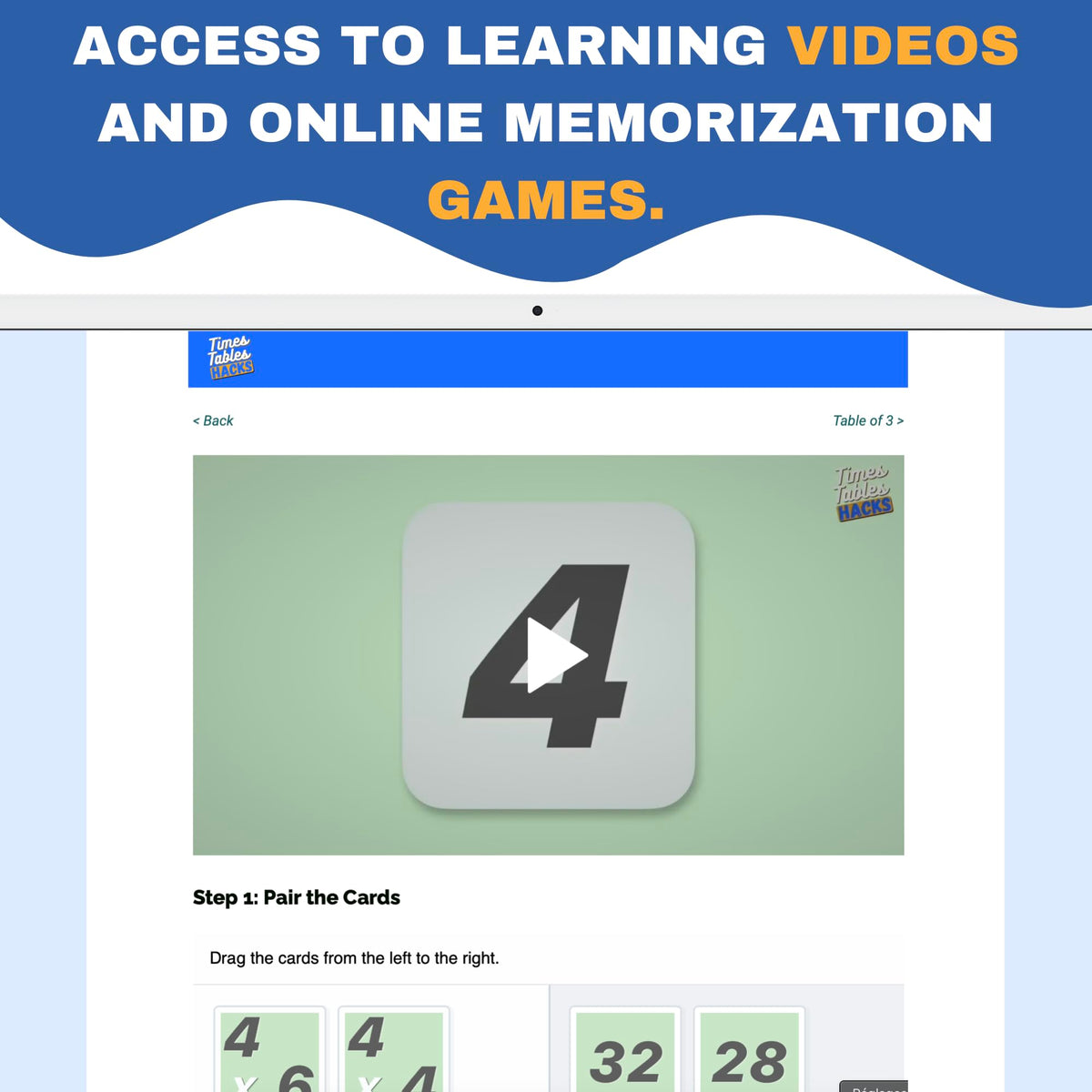 Multi-Memo flash cards with online videos reinforce lessons at home.