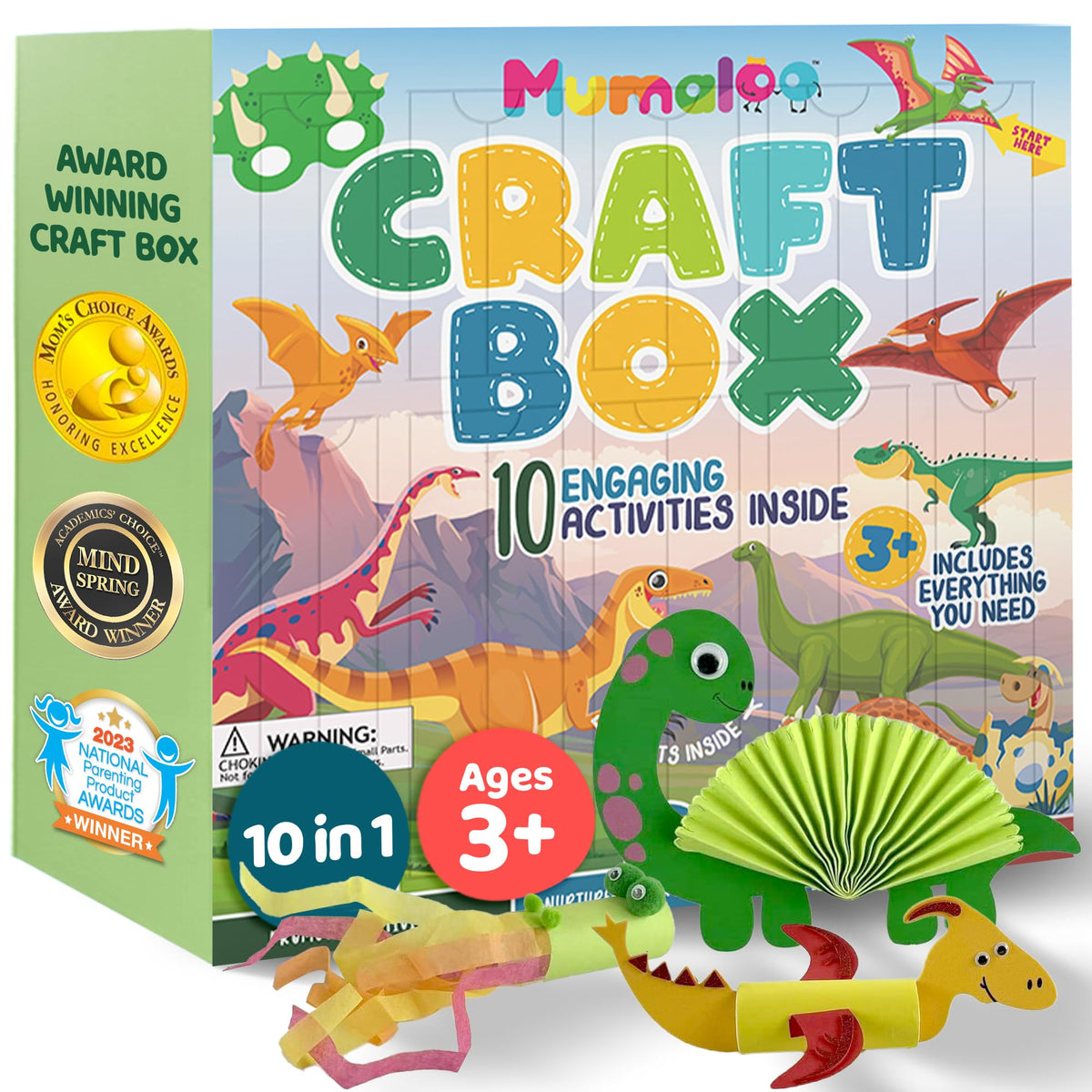 Mumaloo dinosaur craft box contents showing organized supplies for creative projects
