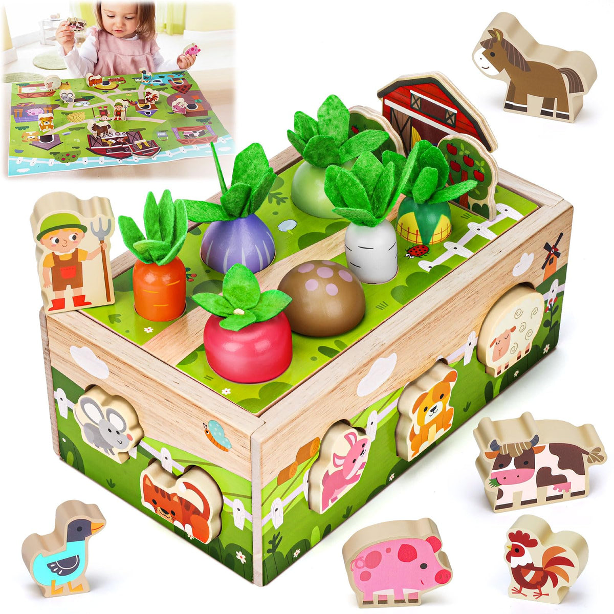 MuMua Montessori wooden sensory farm set for toddlers encouraging imaginative play and fine motor skills.