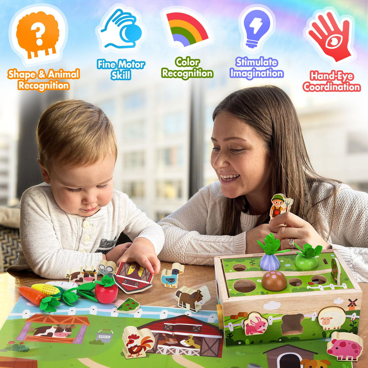 MuMua shape and color sorting pieces boost early problem-solving and hand-eye coordination.