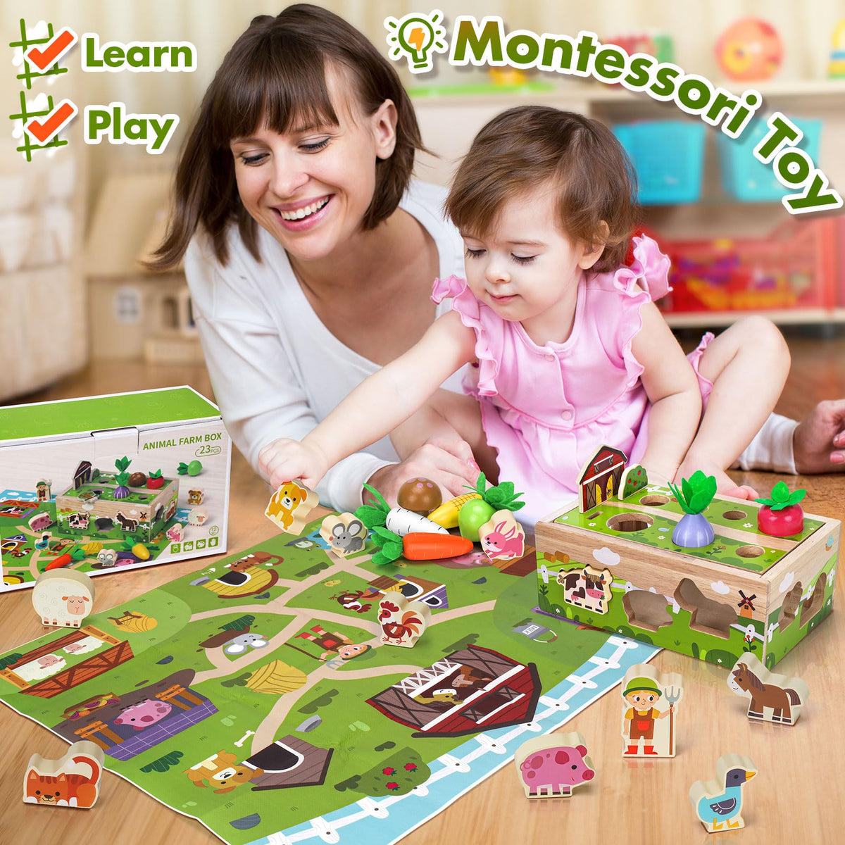 MuMua wooden animals playset facilitating storytelling and cognitive development in pretend play.