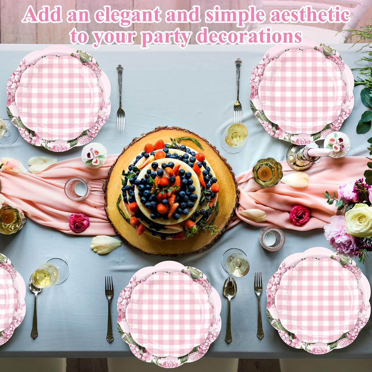Mumufy pink themed party table setting with Hydrangea and checkered plates.