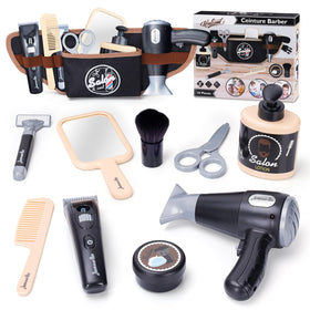 MUNDIDO barber shop toy with toolbelt promotes imaginative pretend play and motor skills.