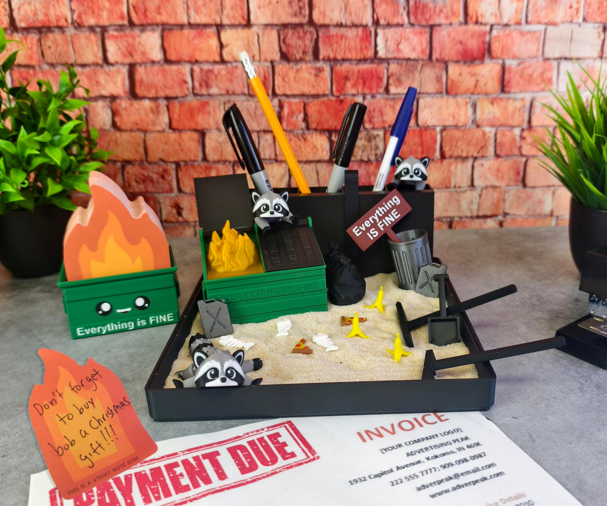 MunnyGrubbers deluxe dumpster fire zen garden base on desk for mindful tinkering