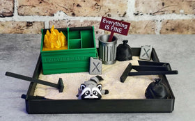 MunnyGrubbers Dumpster Fire Zen Garden base for calm desk focus.