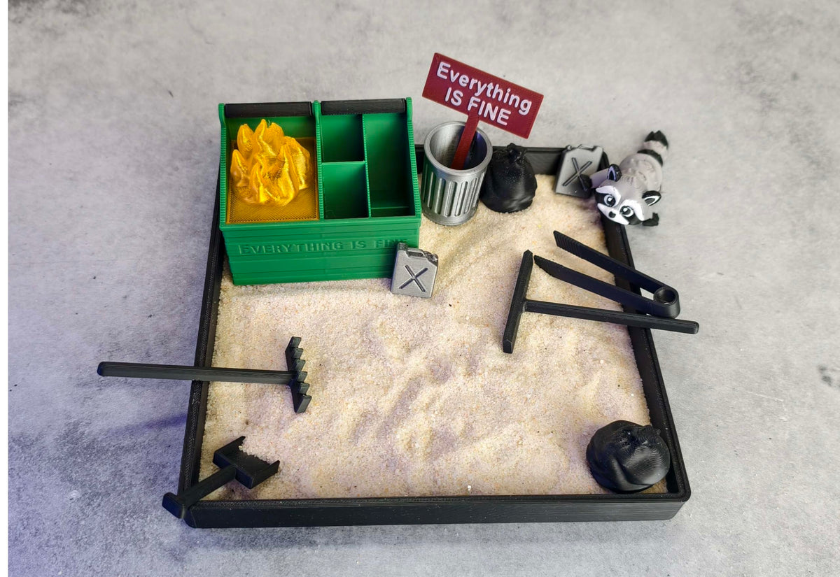 MunnyGrubbers Dumpster Fire Zen Garden mini tools for tactile play.