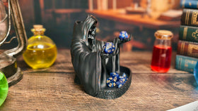 Decor-piece aesthetics of MunnyGrubbers Grim Reaper Dice Tower on the gaming table.