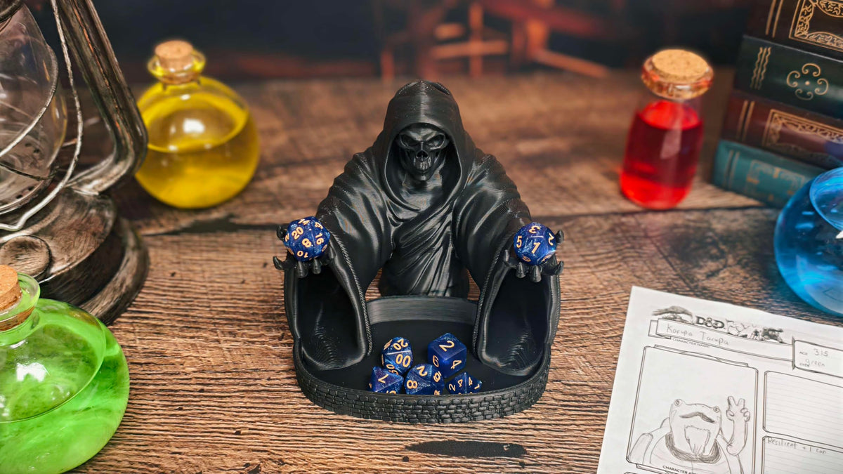 Tray-focused shot from MunnyGrubbers Grim Reaper Dice Tower showing five-dice capacity.
