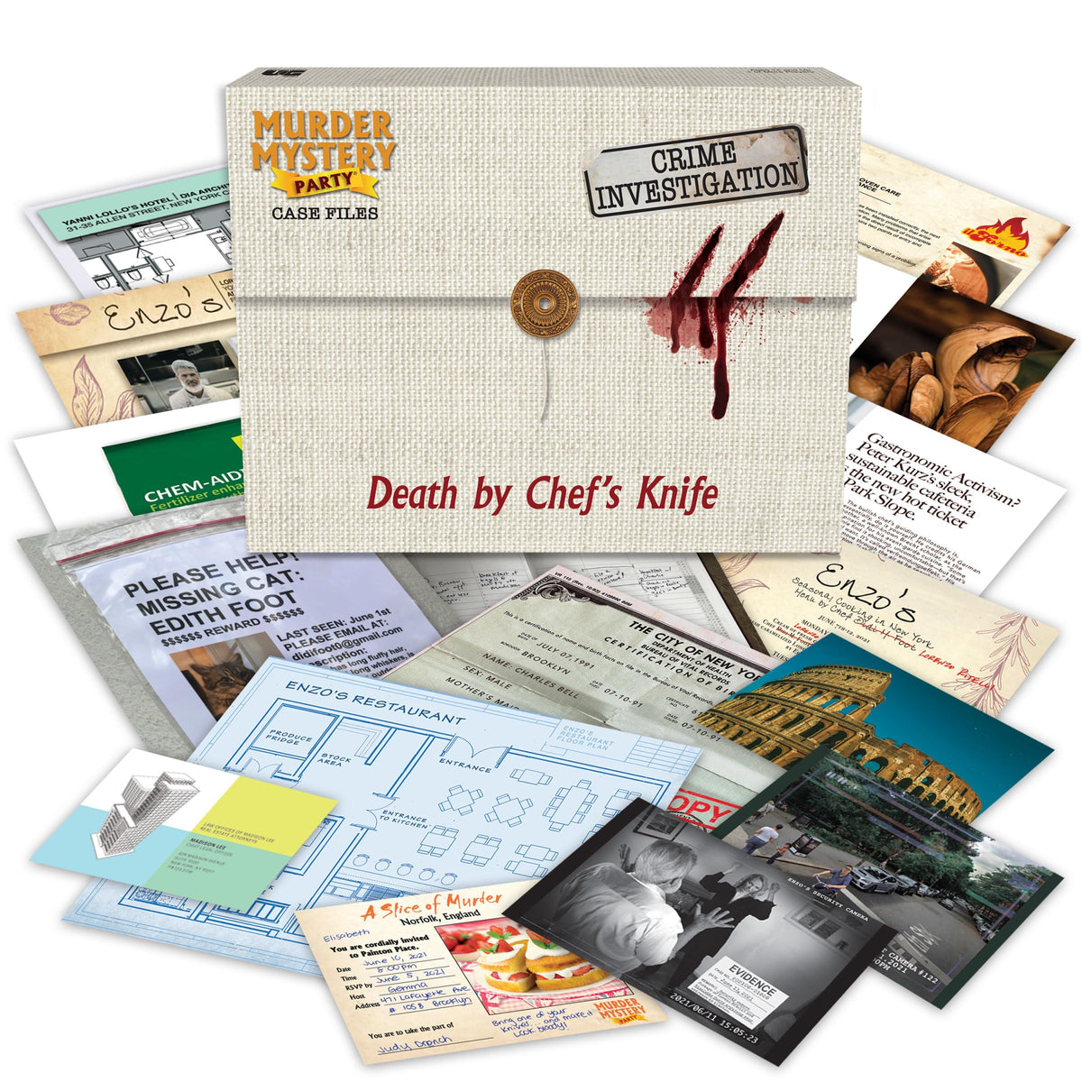 Murder Mystery Party Death by Chef's Knife evidence photo 1 reveals clues for solving the case
