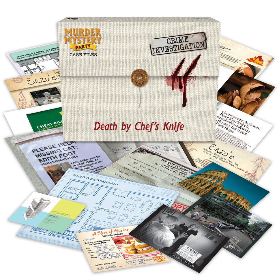 Murder Mystery Party Death by Chef's Knife evidence photo 1 reveals clues for solving the case