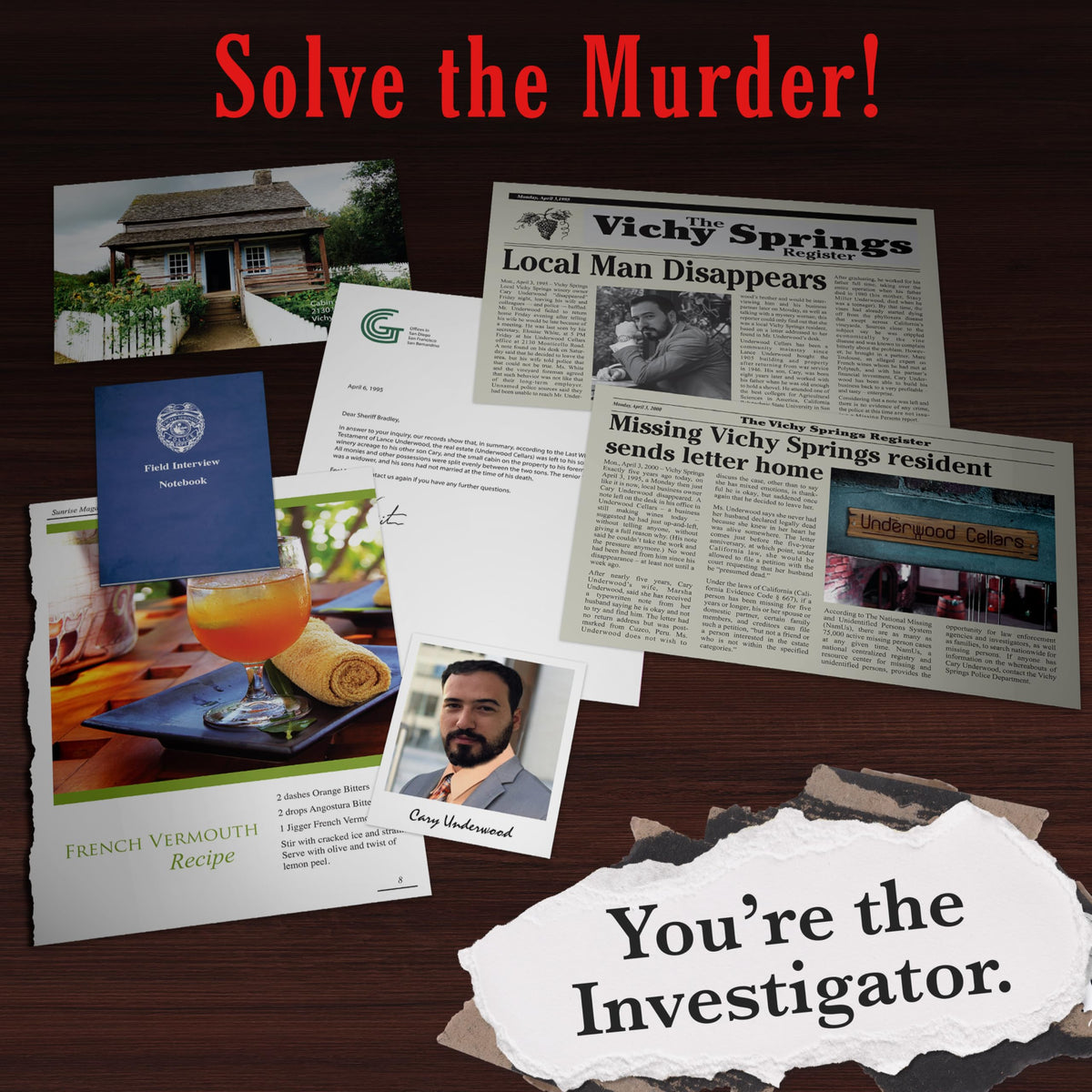 Underwood Cellars evidence photo highlights clues for investigative play at home.