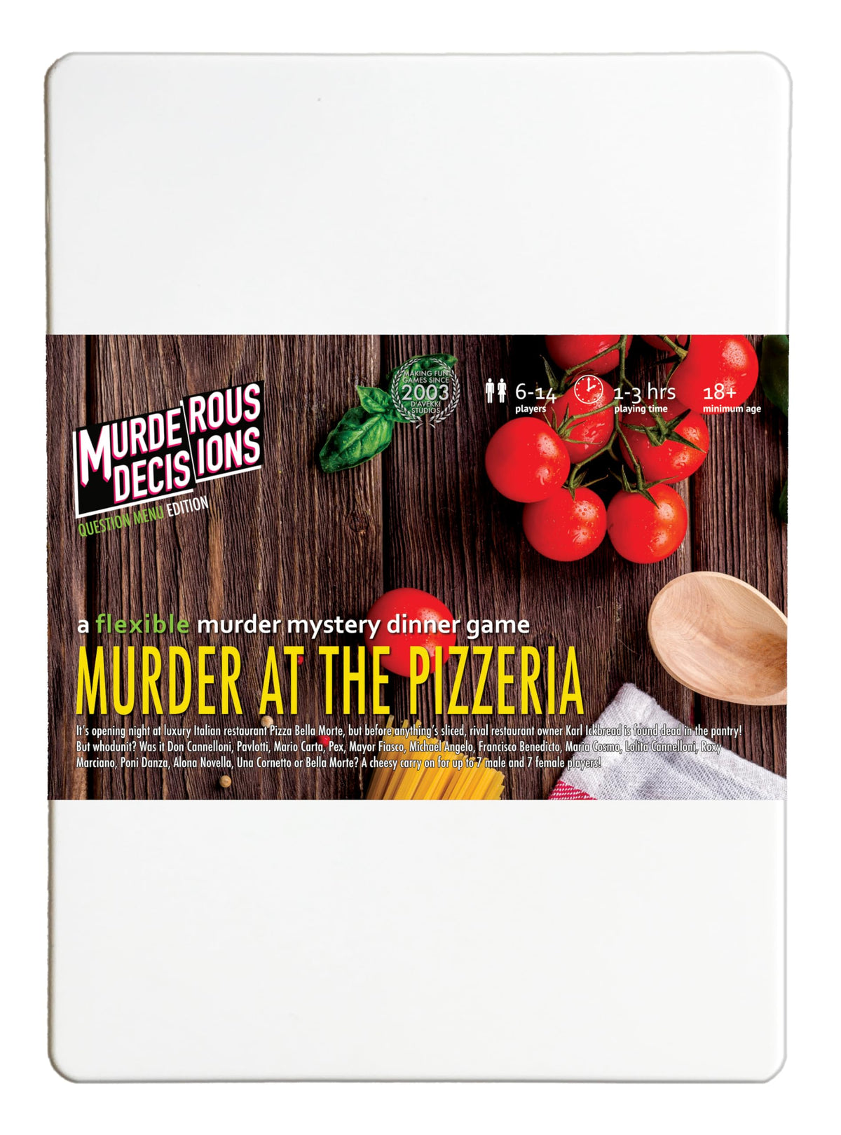 Murder at The Pizzeria cover art by Murderous Decisions for an immersive mystery night of clues.