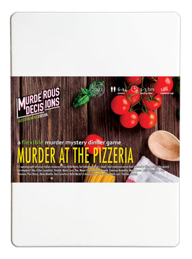 Murder at The Pizzeria cover art by Murderous Decisions for an immersive mystery night of clues.
