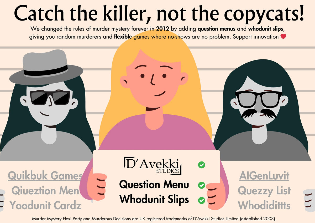 Murder at The Pizzeria game play setup image shows suspects and cards aiding party-friendly sleuthing.