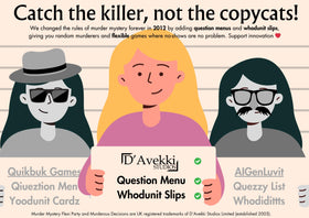 Murder at The Pizzeria game play setup image shows suspects and cards aiding party-friendly sleuthing.