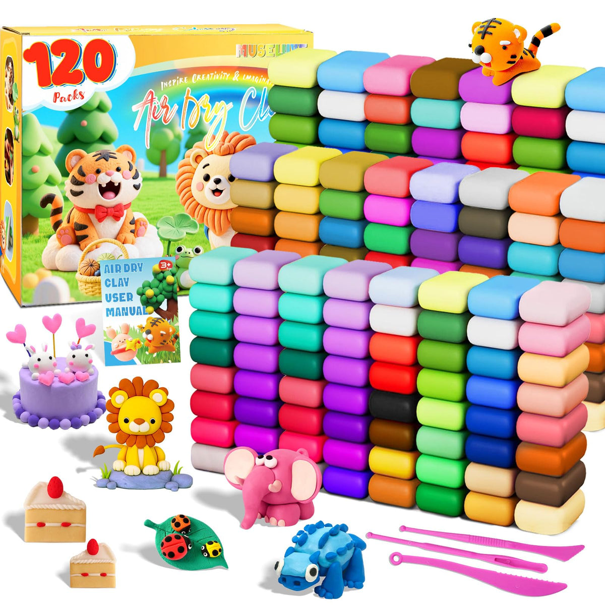 MuseLuxe air dry clay 120-pack kit for vibrant crafts and quick air drying.
