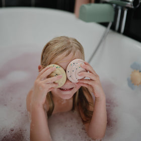 Mushie cupcake toy for bath-time sensory play with silicone