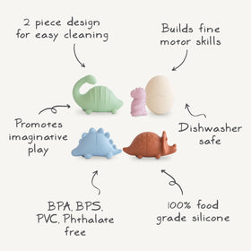 Mushie Dino bath toy bundle supports calm, enjoyable bath time.