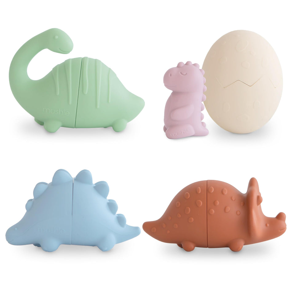 Mushie Dino bath toy trio of dinosaurs for imaginative bathtime play.