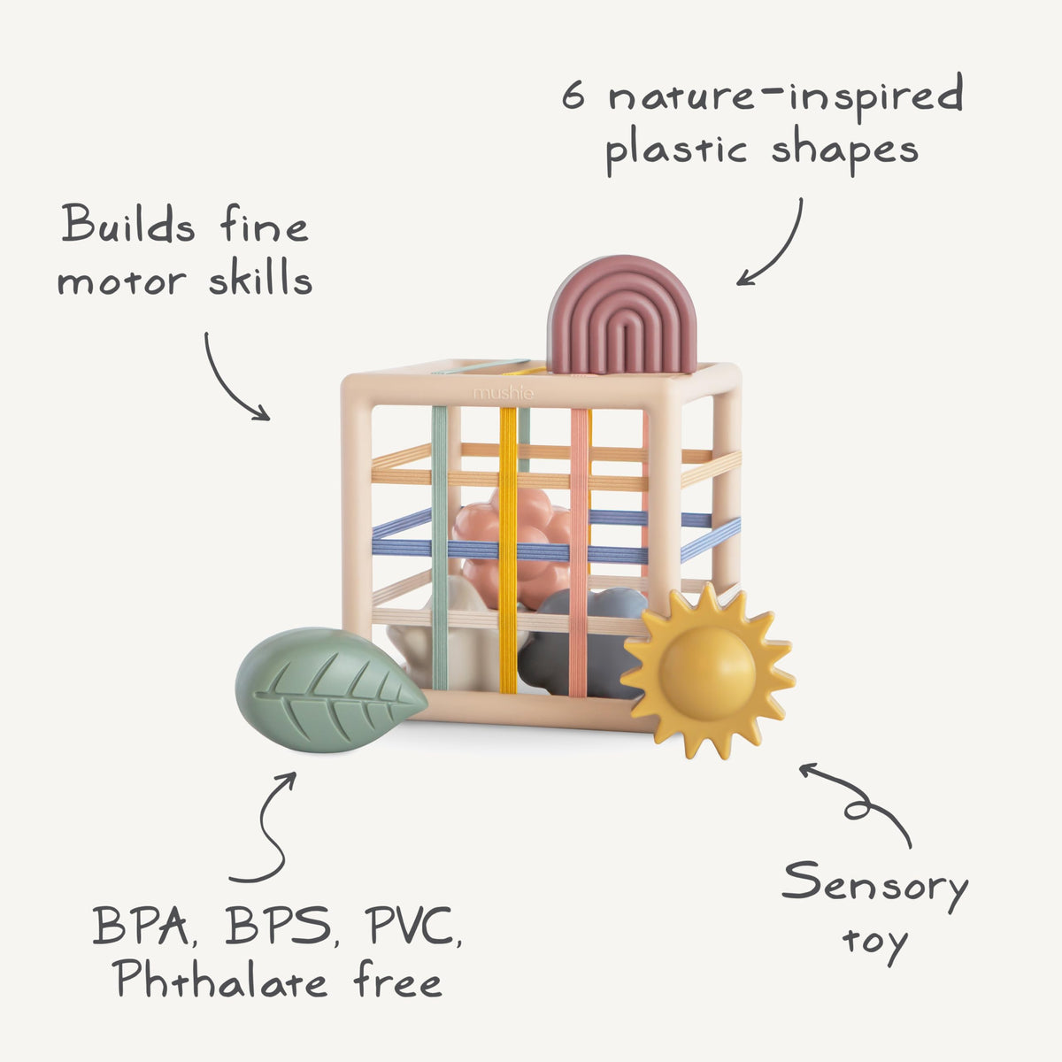 Mushie Elastic Shape Sorter with six shapes promotes fine motor development
