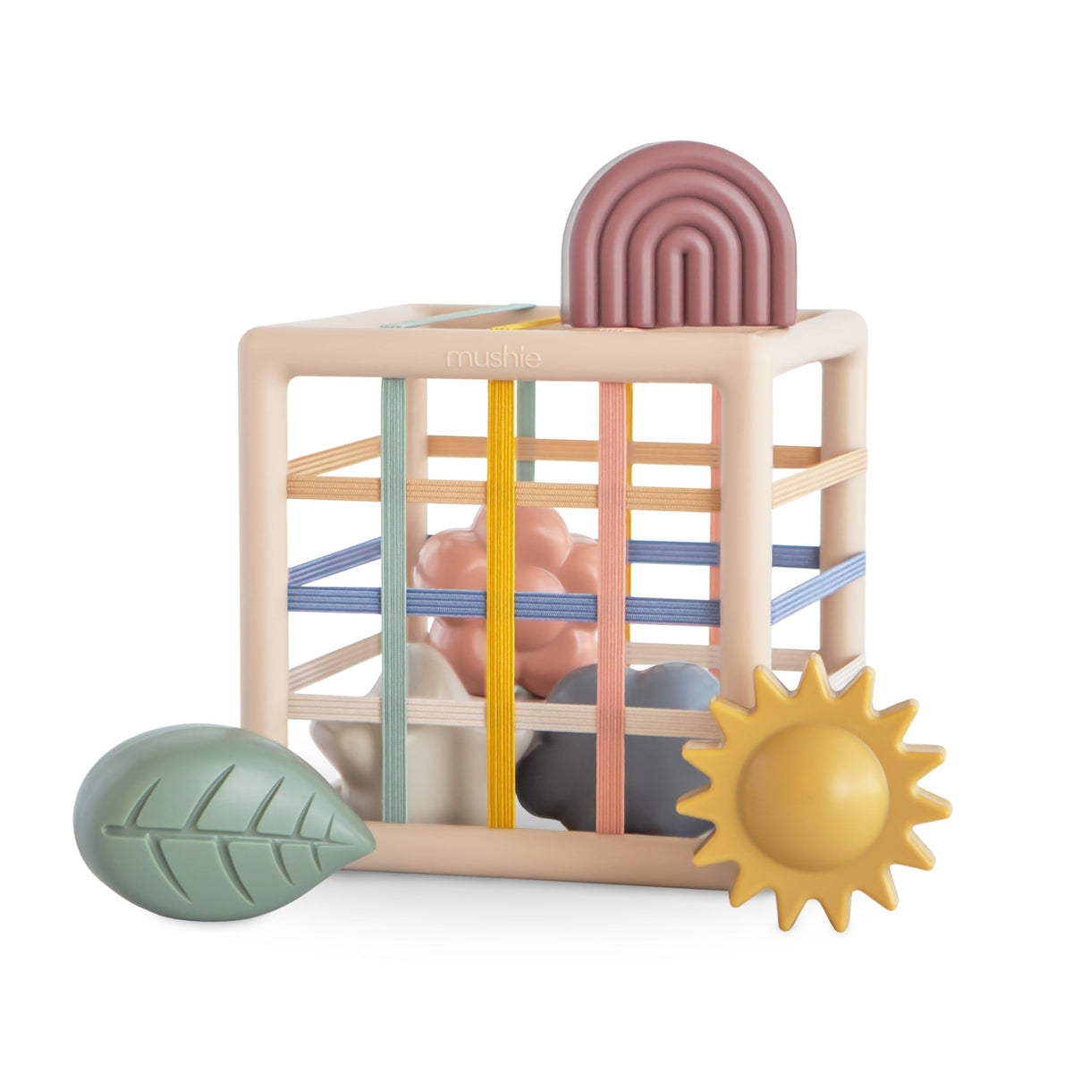 Mushie Elastic Shape Sorter with soft shapes for calming tactile play